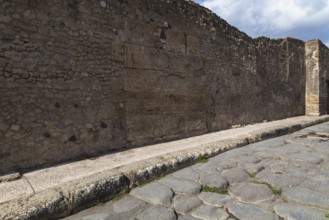 Long narrow stone sidewalk and street made of large grey smooth and worn lava stones plus remnant