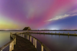 Wooden jetty and Northern Lights, Aurora borealis, polar lights over Lake Hemmelsdorf,