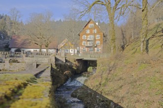 Mossy wall at the Lierbach with building, stream, mossy, monastery Allerheiligen, Oppenau, Northern