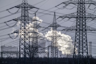 RWE Power lignite-fired power plant Niederaussem, high-voltage pylons, power lines, power plant