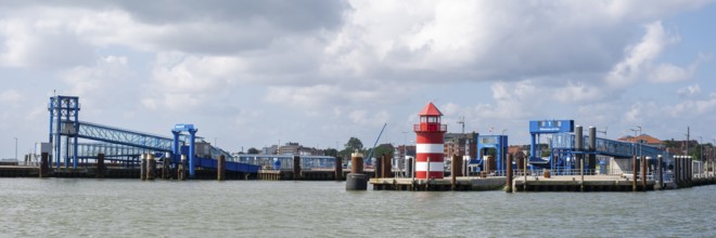 Ferry pier with lighthouse, harbour, Wyk, Föhr, North Sea island, North Frisia, Schleswig-Holstein,