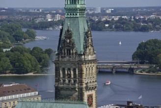 Europe, Germany, Hamburg, City, View from above of City Hall, Inner and Outer Alster Lake, City