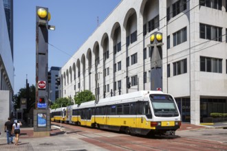 Dallas DART Light Rail local transport at the Akard stop in Dallas, USA, North America