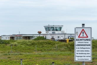 Airfield on the Helgoland dune, building, tower, warning sign, danger to life, offshore island of