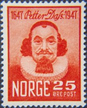 Petter Dass, 1647, 1707, a Norwegian theologian and poet. Portrait on a Norwegian postage stamp