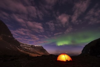 Tent in mountain landscape, Sarek National Park, World Heritage Laponia, Norrbotten, Lapland,