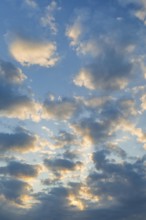 Sun breaks through cloud cover and illuminates fleecy clouds in the evening blue sky