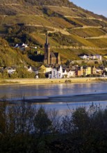 View across the Rhine in the late evening light from Bacharach to Lorch with the parish church of