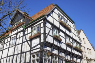 Gable of a half-timbered house with flower boxes under a cloudless blue sky in the old town of