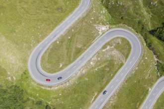 Drone shot, curves of Julier mountain pass, Switzerland, Europe