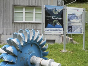 Model of a water turbine, poster describing power generation, power station Seealp-Wasserauen,