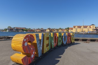 Maritime Svendborg, cityscape, Frederiksø, Frederiks Island in the harbour, colourful lettering,