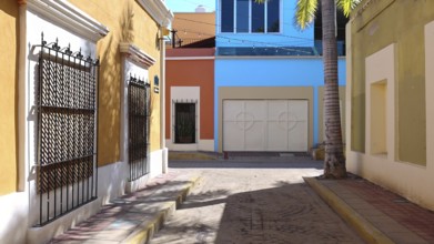 Mexico, Mazatlan, Colorful old city streets in historic city center near El Malecon promenades,