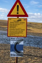 Warning notice at a ford, river crossing on mountain road F206, road to Laki crater or Lakagígar,