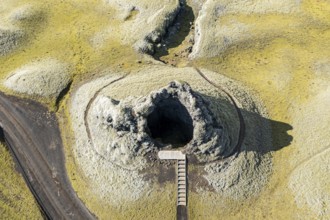 Single crater of the Laki crater row, top down view, viewing platform, road F206, Iceland, Europe