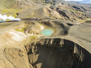 Aerial view of blue lake in the Viti volcano crater at Krafla power plant, Myvatn region, Iceland,