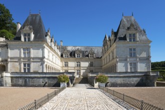 Historic stone castle with imposing architecture and blue sky, Villandry Castle, Renaissance,