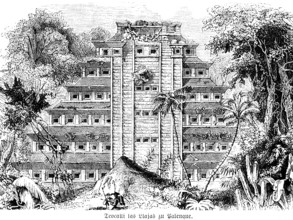 Teocalli las Llajas in Palenque, Central America, Mexico, historical illustration 1880, Central