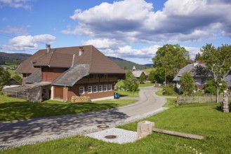 Street with typical Black Forest houses through the Oberlehen district, Bernau im Black Forest,