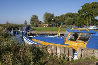 Fishing harbour on the Achterwasser, Zempin, Usedom Island, Baltic Sea, Mecklenburg-Western