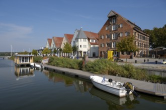 Gabled houses and granary buildings on the castle island, Bottsverleih am Peenestrom, Wolgast,