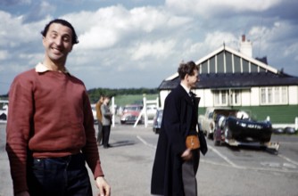 Portrait of Bill de Selincourt pulling a funny face, Brands Hatch 1961