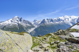 Mountain panorama, mountain landscape, view of mountain peaks Aiguille Verte, Grandes Jorasses and