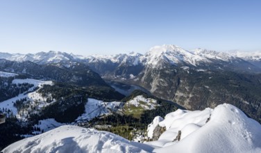 View of Königssee and Watzmann with snow in autumn, from the Jenner, Berchtesgaden National Park,