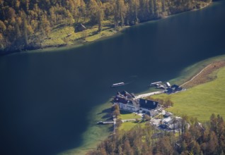 Königssee and St. Bartholomä pilgrimage church, view from the Rinnkendlsteig mountain hiking trail,