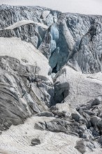 Glacier ice with crevasses, Glacier du Tour, high alpine mountain landscape, Chamonix,