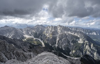 View of Wimbachgries valley and mountain panorama with rocky mountain peak of Hochkalter, at