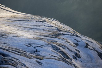 Glacier ice with crevasses in the evening light, Glacier du Tour at sunset, High alpine mountain