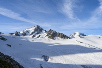 High alpine mountain landscape, summit of the Aiguille de Chardonnet and Glacier du Tour, glaciers