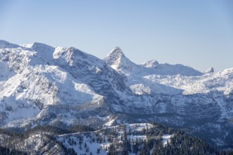 Snow-covered mountains, Steinernes Me, from the Jenner, Berchtesgaden National Park, Berchtesgaden