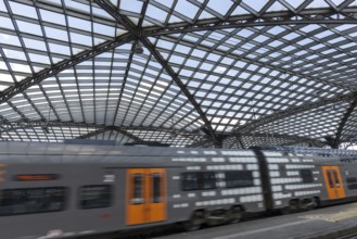 Local train and glass roof at Cologne Central Station, Cologne, Rhineland, North Rhine-Westphalia,