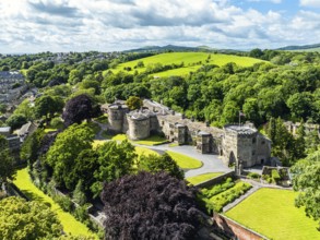 Skipton Castle from a drone, North Yorkshire, England, United Kingdom, Europe