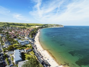 Swanage and Swanage Bay from a drone, Jurassic Coast, Dorset Coast, Poole, England, United Kingdom,