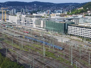 Track apron at Stuttgart Central Station with the functional buildings of the Europaviertel. After