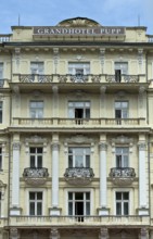 Art Nouveau window front at the Grandhotel Pupp in the spa district, Karlovy Vary, Bohemia, Czech