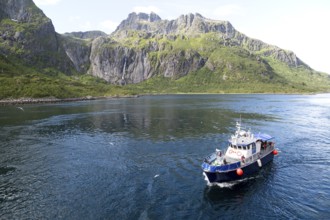 Small tourist boat in mountainous fiord landscape, Raftsundet strait, Nordland, northern Norway