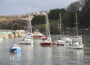 View of boats in the harbour in sunshine of winter afternoon, Ilfracombe, north Devon, England,