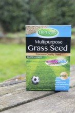 Close up packet of Horticare Multipurpose Grass Seed for lawns, UK