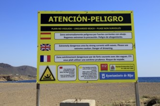 Beach danger sign Los Escullos, Cabo de Gata national park, Almeria, Spain, Europe