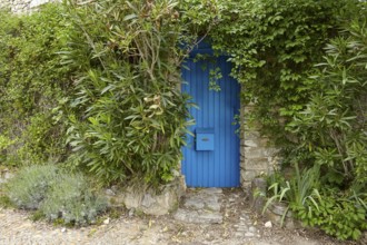 Blue door on a green house in La Roque-sur-Cèze, Département Gard, Occitanie region, France, Europe