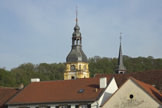 Tower of St Anthony of Padua Church and town hall, roofs, spire, Meisenheim, Rhineland-Palatinate,