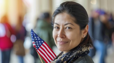 A patriot woman holding American USA flag and smiling while voting in local elections, AI generated