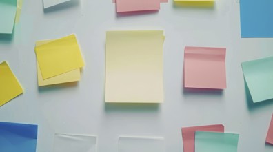 Three colourful post-it sticky notes are hanging on a white wall, AI generated