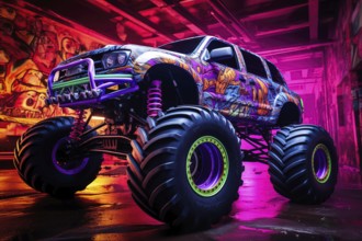 Monster truck illuminated by neon lights, excitement and thrill of an extreme sport and