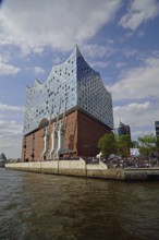 Europe, Germany, Hanseatic City of Hamburg, Elbe, Elbe Philharmonic Hall seen from the water, three