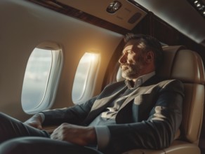 Successful businessman sitting in a plane, looking out the window. Business travel, global